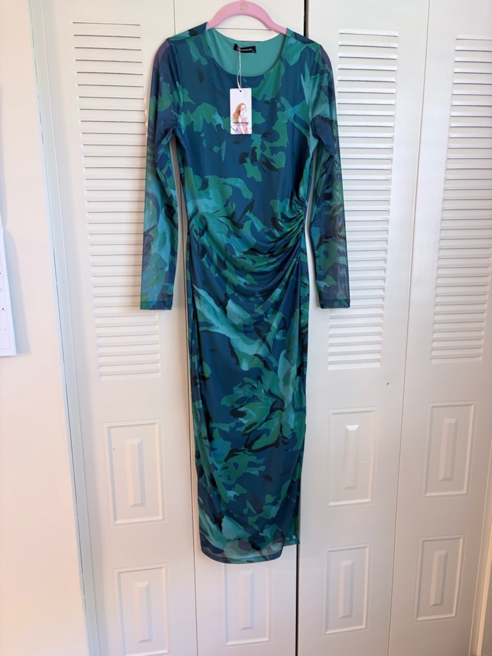 Elegant Green & Teal Printed Long Sleeve Dress